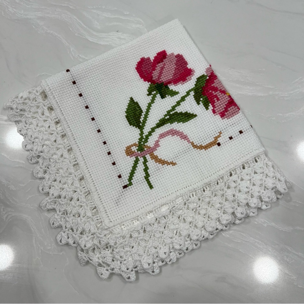 Hand made Floral Cross Stitch Embroidered Floral Accent with White Trim Cottage